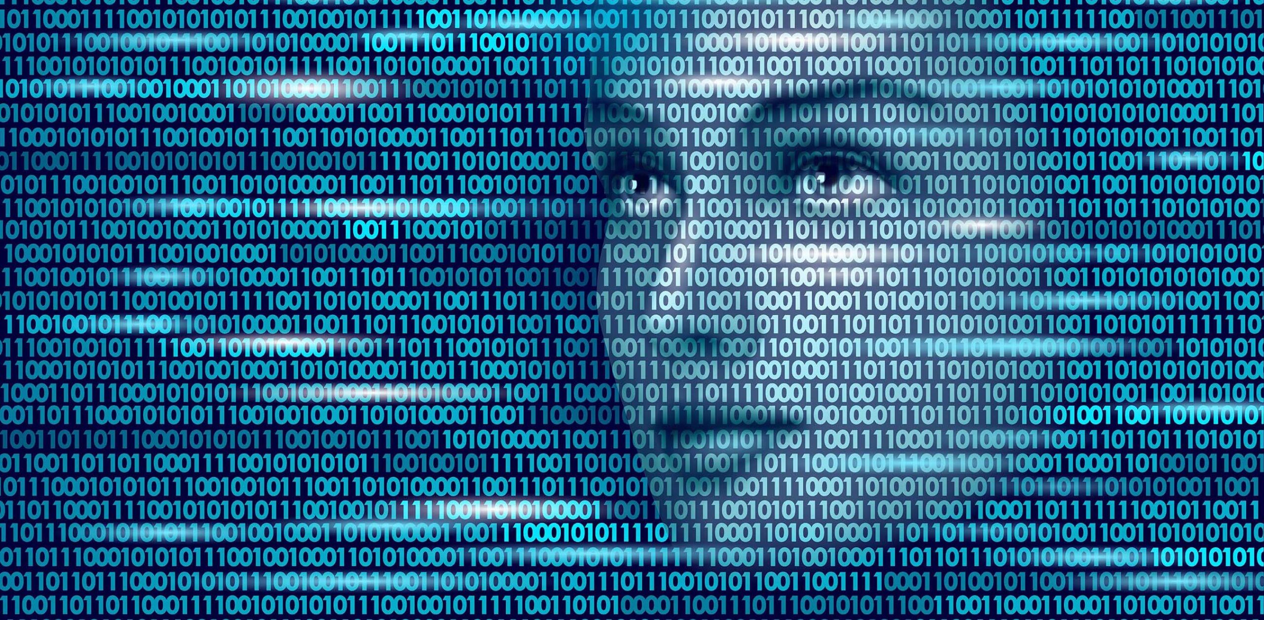 A human face formed from streams of binary code, eyes visible through the overlapping ones and zeros