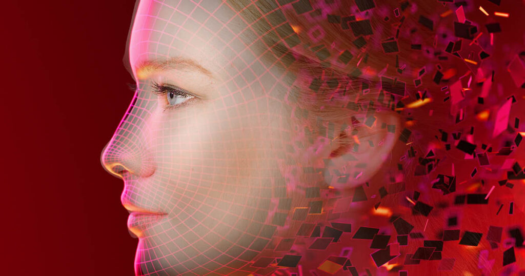 AI-generated digital face dissolving into data fragments, illustrating synthetic identity fraud and AI-created personas used in modern fraud sche