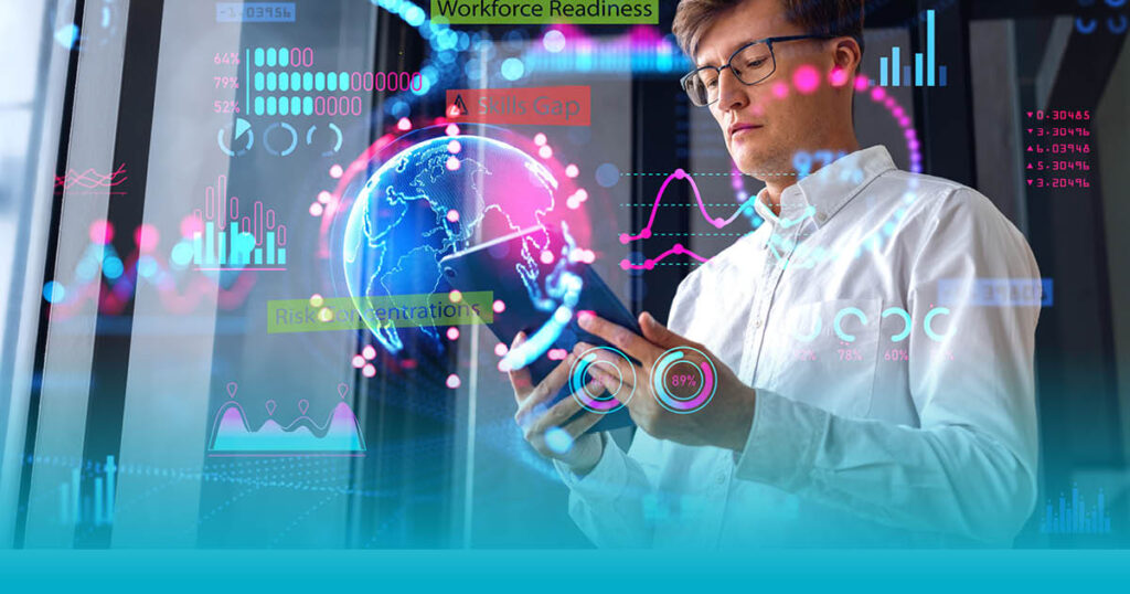Business professional reviewing workforce intelligence analytics, including skills gaps, risk concentrations, and workforce readiness