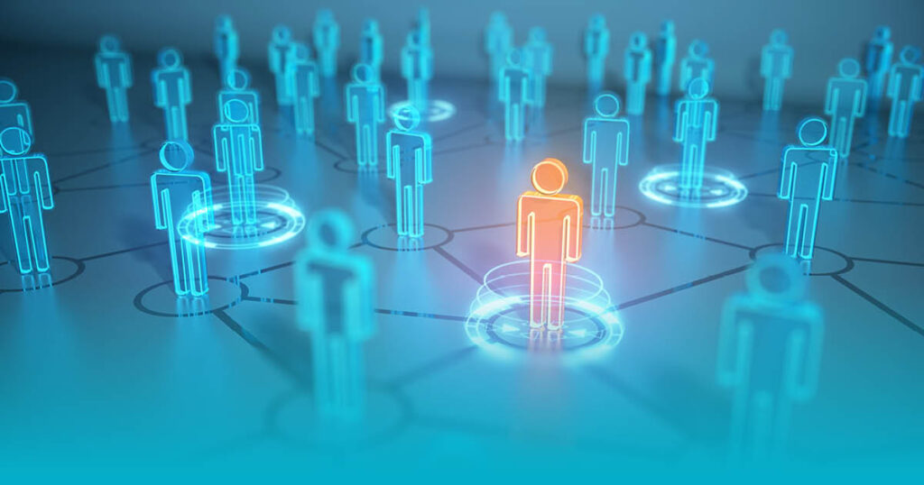 Digital workforce network with one employee highlighted to represent workforce intelligence and risk visibility