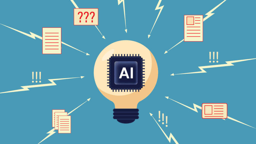 Illustration of an AI chip inside a lightbulb surrounded by documents, question marks, and alerts representing questions about trustworthy workforce data.